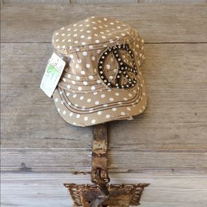 NYLA hat - Tan with White Dots - Sequin Peace Sign